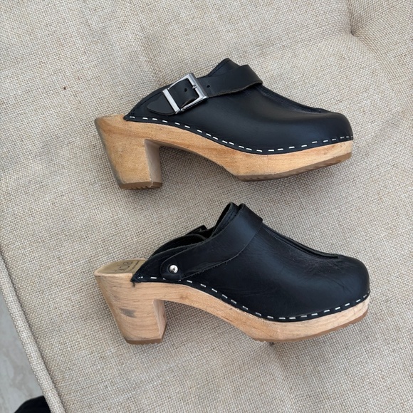 Skola Black Leather Slip-on Heeled Isabelle Clogs - Size EU 38 - Picture 2 of 9